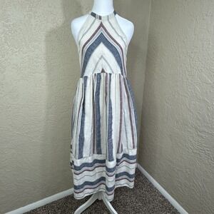 Listical Cream Blue Red Halter Dress Womens XS Sleeveless Resort Vacation Pocket